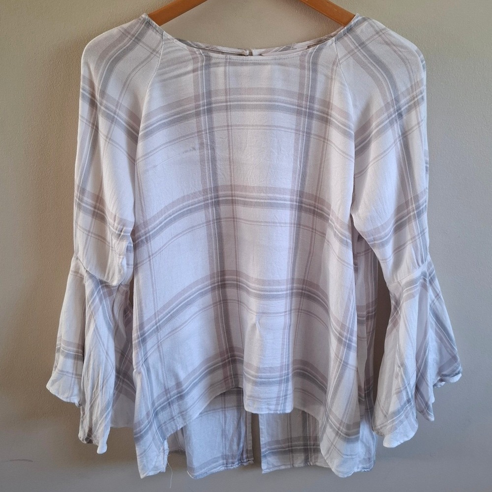 Flowy Plaid Flutter Bell Sleeve Blouse Relaxed Ren Faire Fairy Festival LC Sz L